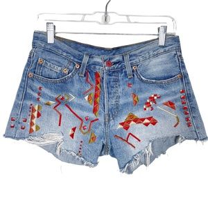 Levi's 501 Denim Cut Off Shorts Upcycled Sz 27 Boho Embroidered Vintage Festival